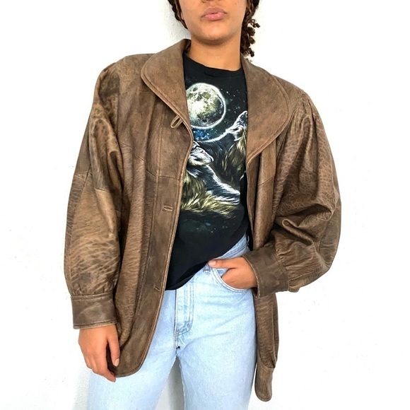 Vintage animal print dolman bomber leather jacket